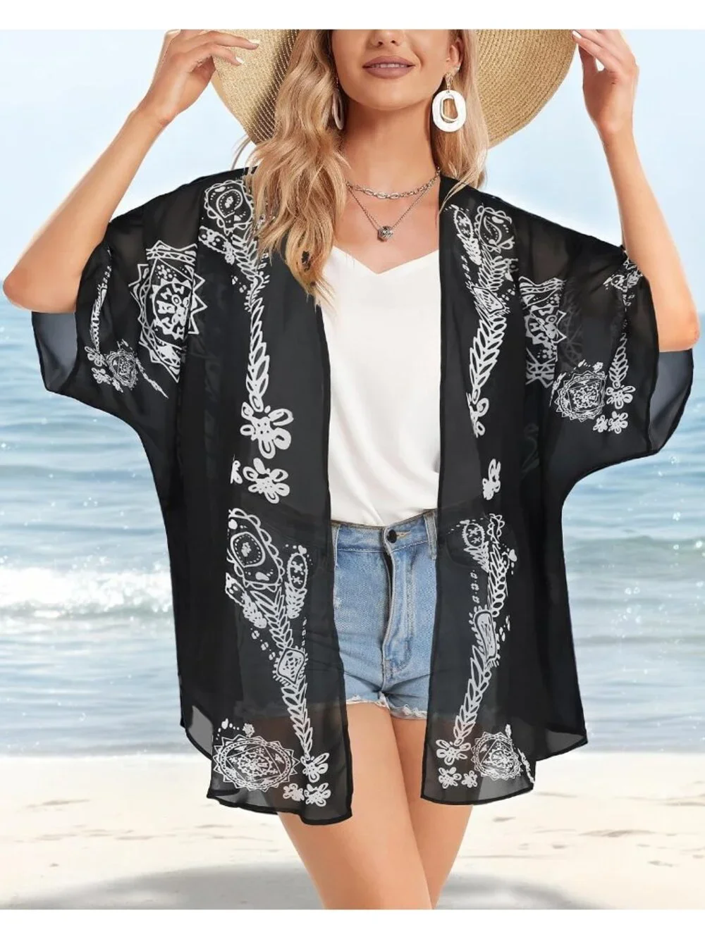 Women Black Polyester Kimono Cardigan Beach Swimwear Top Cover Up Puff Sleeve